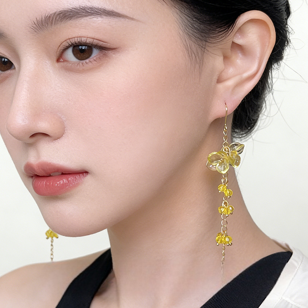 A廠 【6170】【夏日檸檬色】度假風森系甜美長玻璃水晶流速花朵耳環耳環
 26.03-3