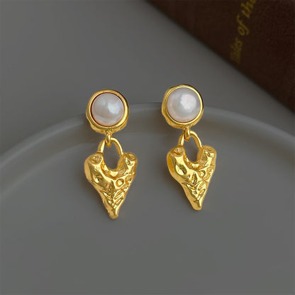 A廠 【4929】淡水珍珠肌理感鍍18K熔岩金屬愛心珍珠飾品法式復古耳環耳環
 26.03-3