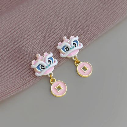 A廠【7343】個性小眾醒獅送財粉色滴釉清新甜美舞獅耳飾女可愛甜美耳環
 26.01-2