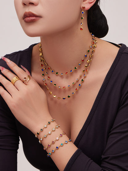 B廠【TXP552】chic奢華5A圓鋯拼接不鏽鋼手鍊項鍊精緻時尚氣質彩鑽流蘇耳環套裝
 26.03-2