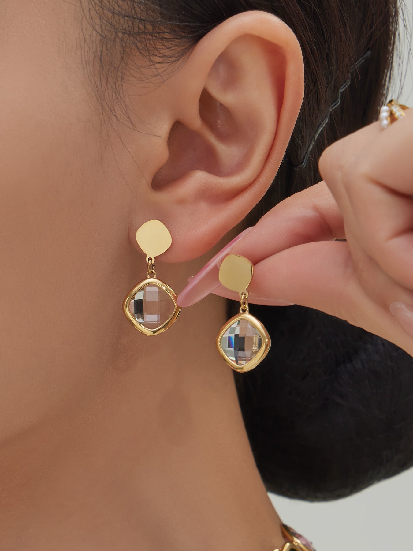 B廠【TXP512】不銹鋼正方形切面玻璃石手鍊項鍊耳環套裝歐美風潮酷氣質珠寶首飾
 25.12-2