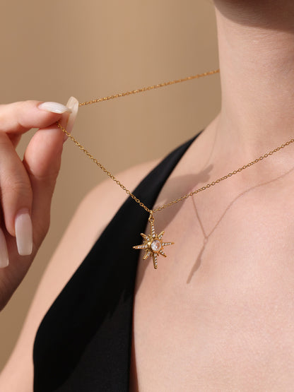 B廠【P1310】超閃5A鋯石八星芒吊墜鎖骨項鍊雙層疊戴飾品不鏽鋼18k鍍金 25.07-1