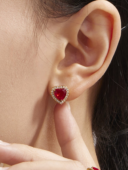 B廠【TXP354】新款紅色玻璃愛心滿鑽鎖骨項鍊耳環戒指不銹鋼材質飾品套裝 25.08-2