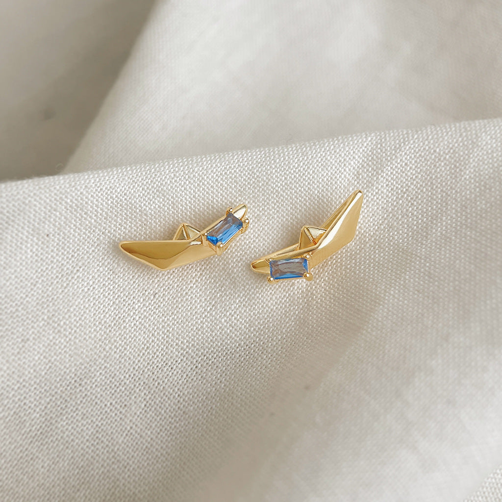 A廠【7159】原始漂流船~鑲嵌海藍寶鋯石鍍銀針個性創意設計新耳環耳環
 26.04-5