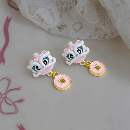A廠【7343】個性小眾醒獅送財粉色滴釉清新甜美舞獅耳飾女可愛甜美耳環
 26.01-2