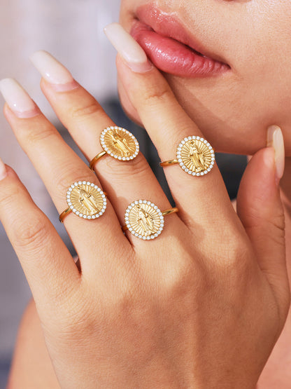 B廠【TXF325】超閃5A鋯石圓牌耶穌滿鑽設計耳環戒指組不鏽鋼18k鍍真金 25.08-2