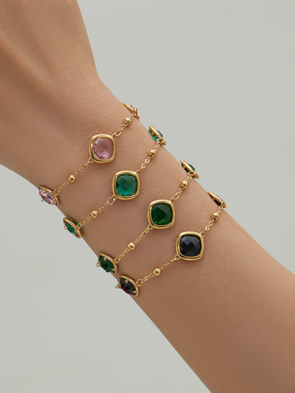 B廠【TXP517】不銹鋼方形切麵包邊玻璃石吊墜耳環項鍊手鍊珠寶首飾套裝鍍18k金
 25.12-2