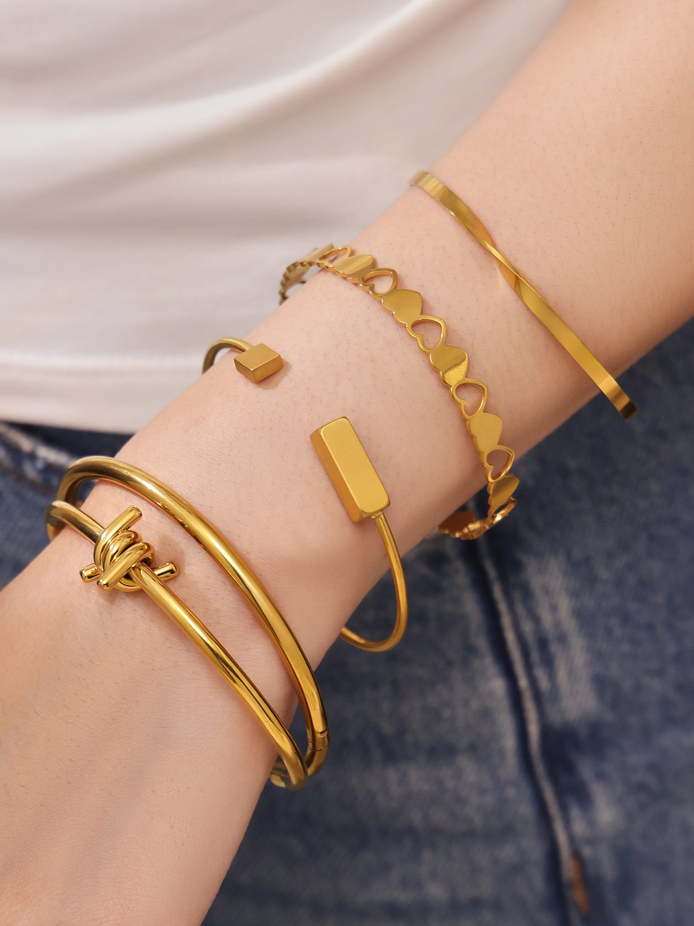 B廠【Z014】不鏽鋼心連心手鐲女簡約ins風鏤空設計幾何手環組合配件鍍18k真金
 26.01-1