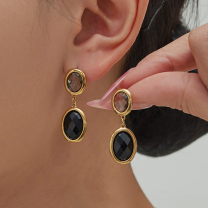 B廠【F957】不鏽鋼幾何橢圓吊墜切面玻璃石耳環ins小眾設計百搭耳飾鍍18k真金
 25.12-1