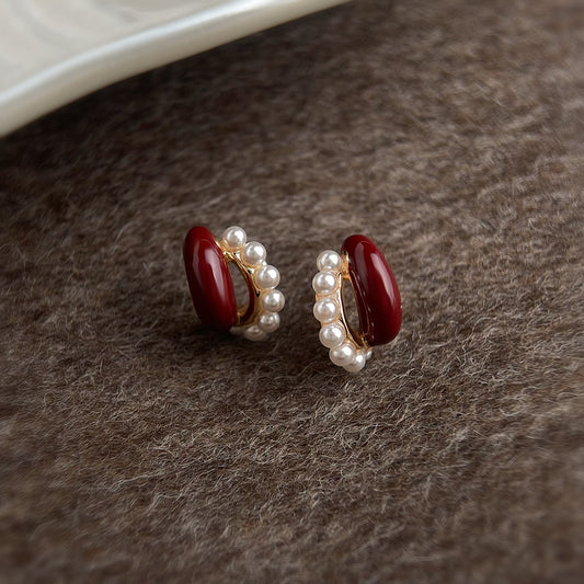 A廠【7265】輕奢風復古酒紅珍珠耳環小眾高級感港風氣質優雅百搭女耳飾品
 25.12-4