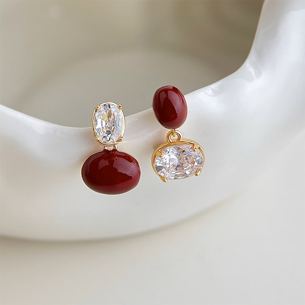 A廠【7227】文藝復古安可拉紅酒紅鋯石幾何s925銀針一款多戴耳飾耳環飾品
 25.12-2