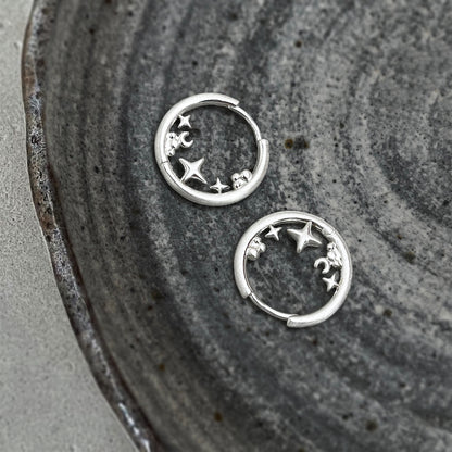 A廠【8334】銀色啞光噴砂幾何圓形星星芒耳扣耳環飾品
 26.10-4