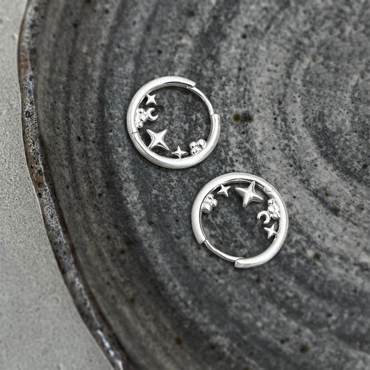 A廠【8334】銀色啞光噴砂幾何圓形星星芒耳扣耳環飾品
 26.10-4