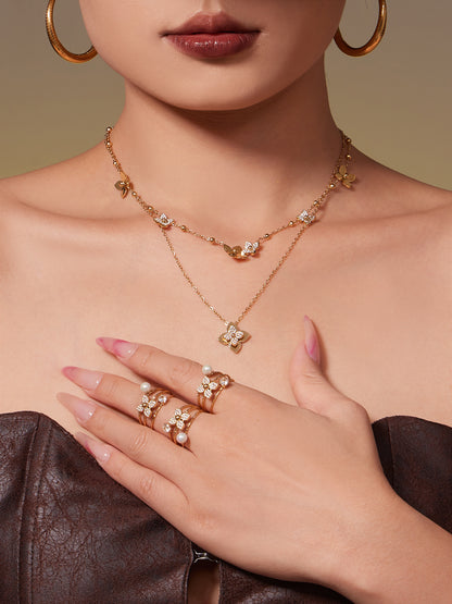 B廠【TXP489】熱銷新品重十字夾珠鬱金香花朵鑲鋯石滿鑽鎖骨項鍊戒指套裝
 25.11-4