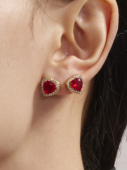 B廠【TXP354】新款紅色玻璃愛心滿鑽鎖骨項鍊耳環戒指不銹鋼材質飾品套裝 25.08-2