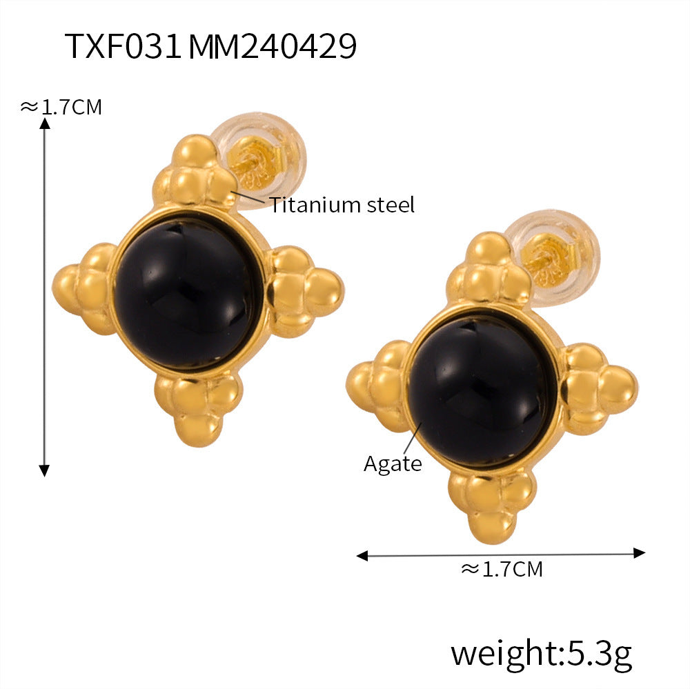 B廠【P031-F031】法式簡約日常黑瑪瑙吊墜女古風新品鈦鋼鍍金項鍊小眾設計飾品套裝 24.05-1