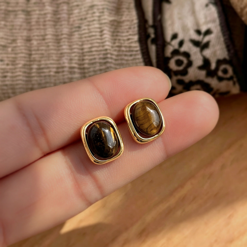 A廠【8414】美拉德天然石虎眼石幾何銀針耳釘飾品
 26.10-4