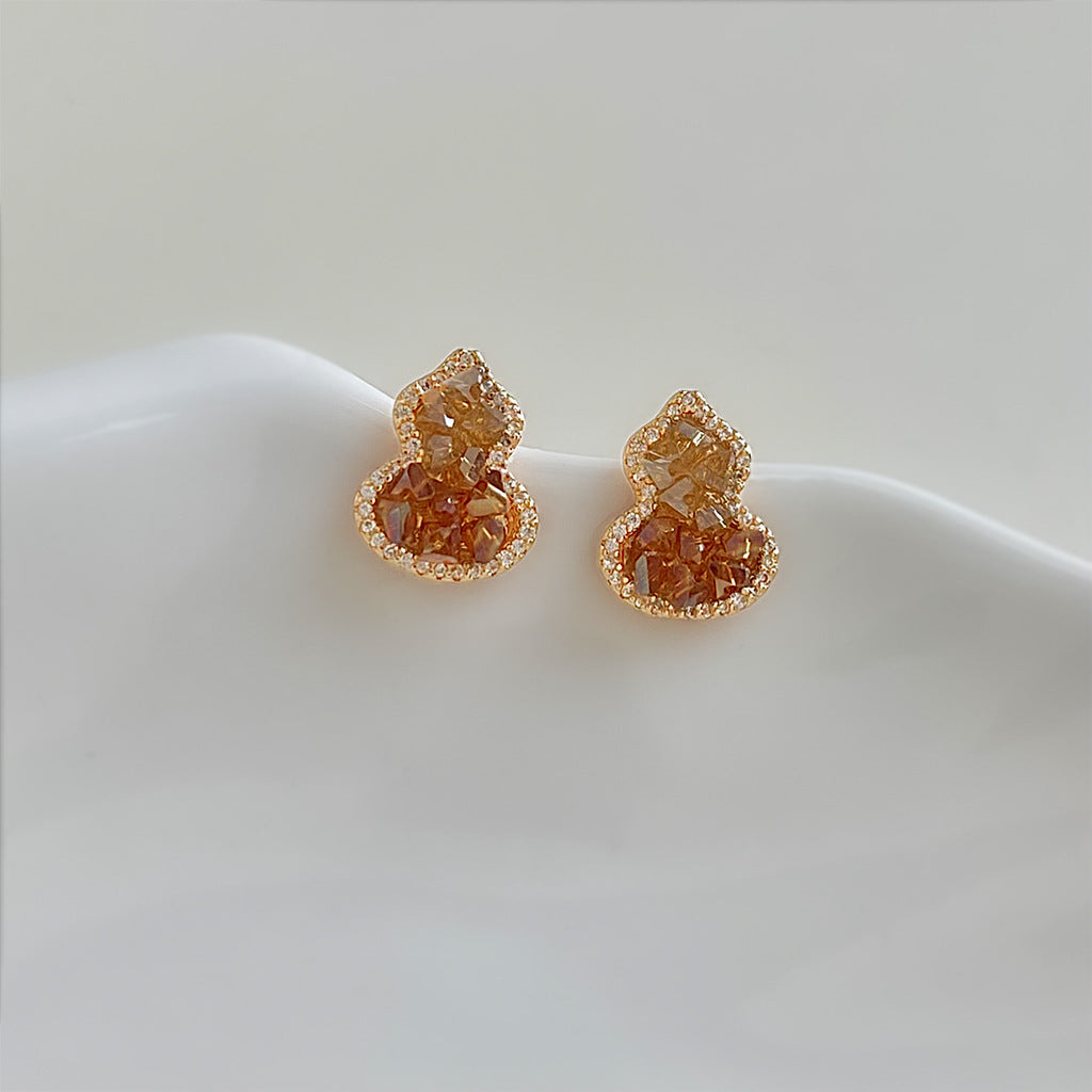 C廠【6949】閉眼入！好賣！微鑲鋯石925銀針水晶葫蘆耳環橙色漸變香檳色耳飾
 25.10-4