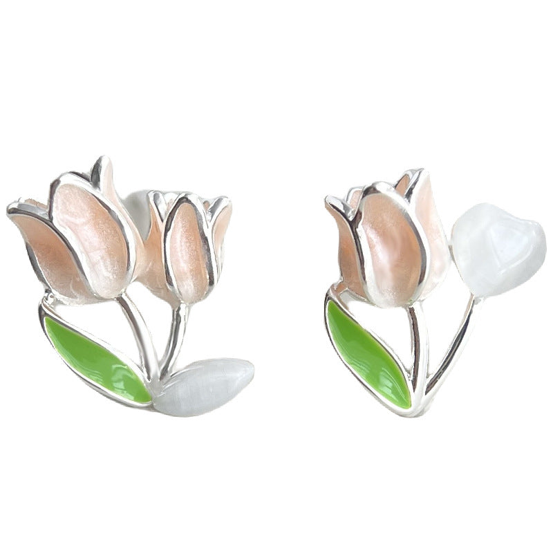 A廠 【4720】清新甜美通勤鬱金香耳環不對稱玻璃貓眼石花朵高級感氣質學生耳飾
 26.03-3