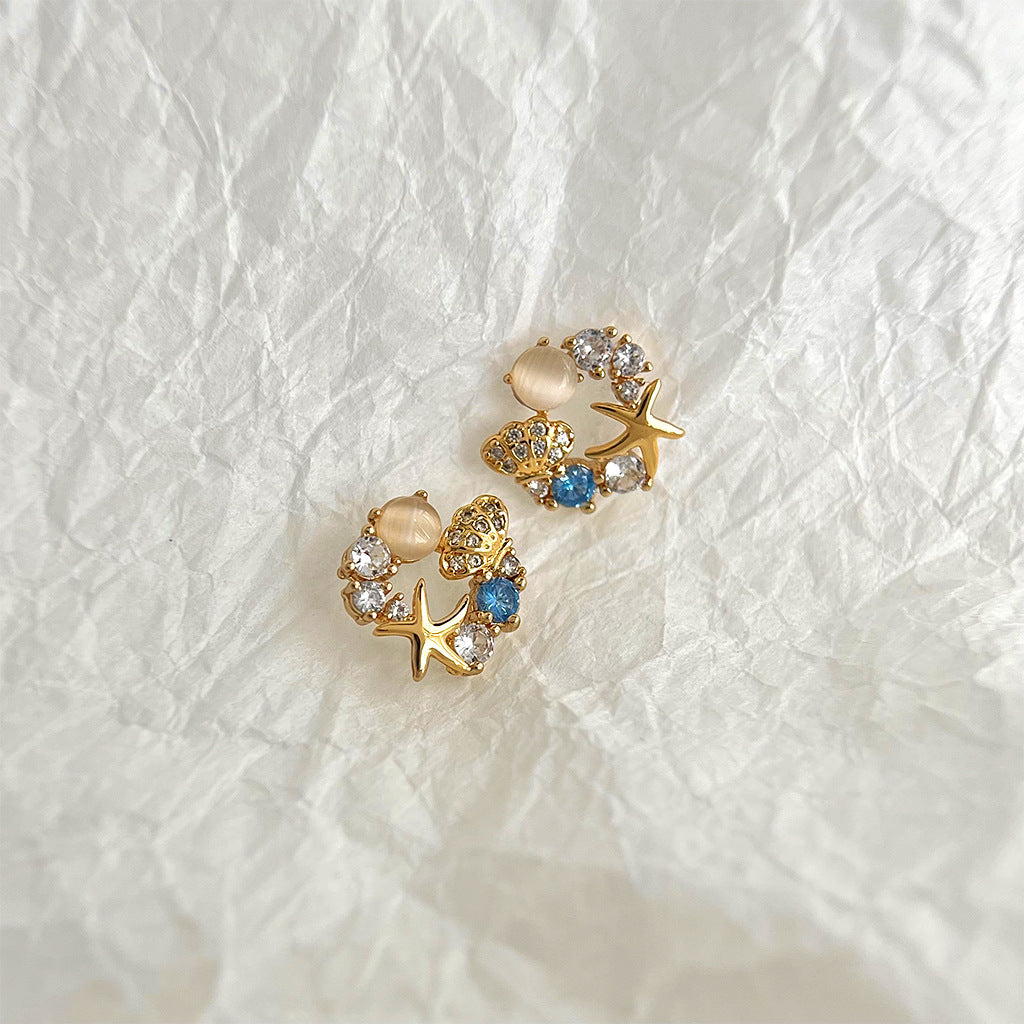 A廠【4318】微鑲鋯石鍍14K海星個性銀針耳釘飾品
 26.10-4