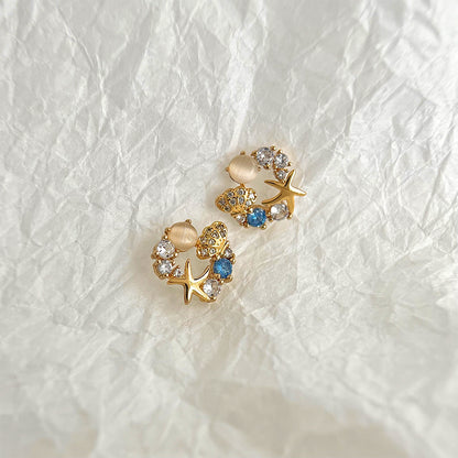 A廠【4318】微鑲鋯石鍍14K海星個性銀針耳釘飾品
 26.10-4