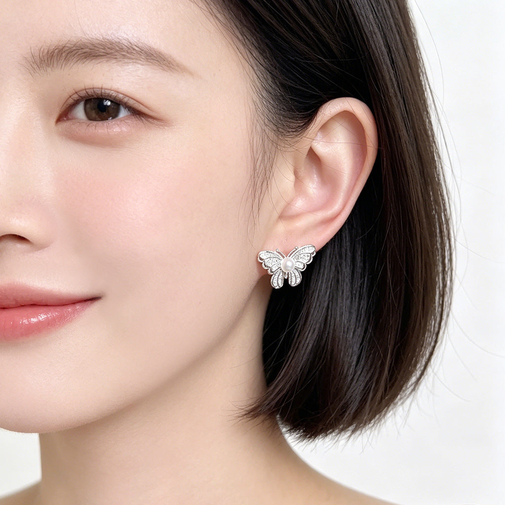 A廠【7637】時尚輕奢風微鑲鋯石清新甜美珍珠蝴蝶耳環女氣質簡約通勤耳環
 26.05-4