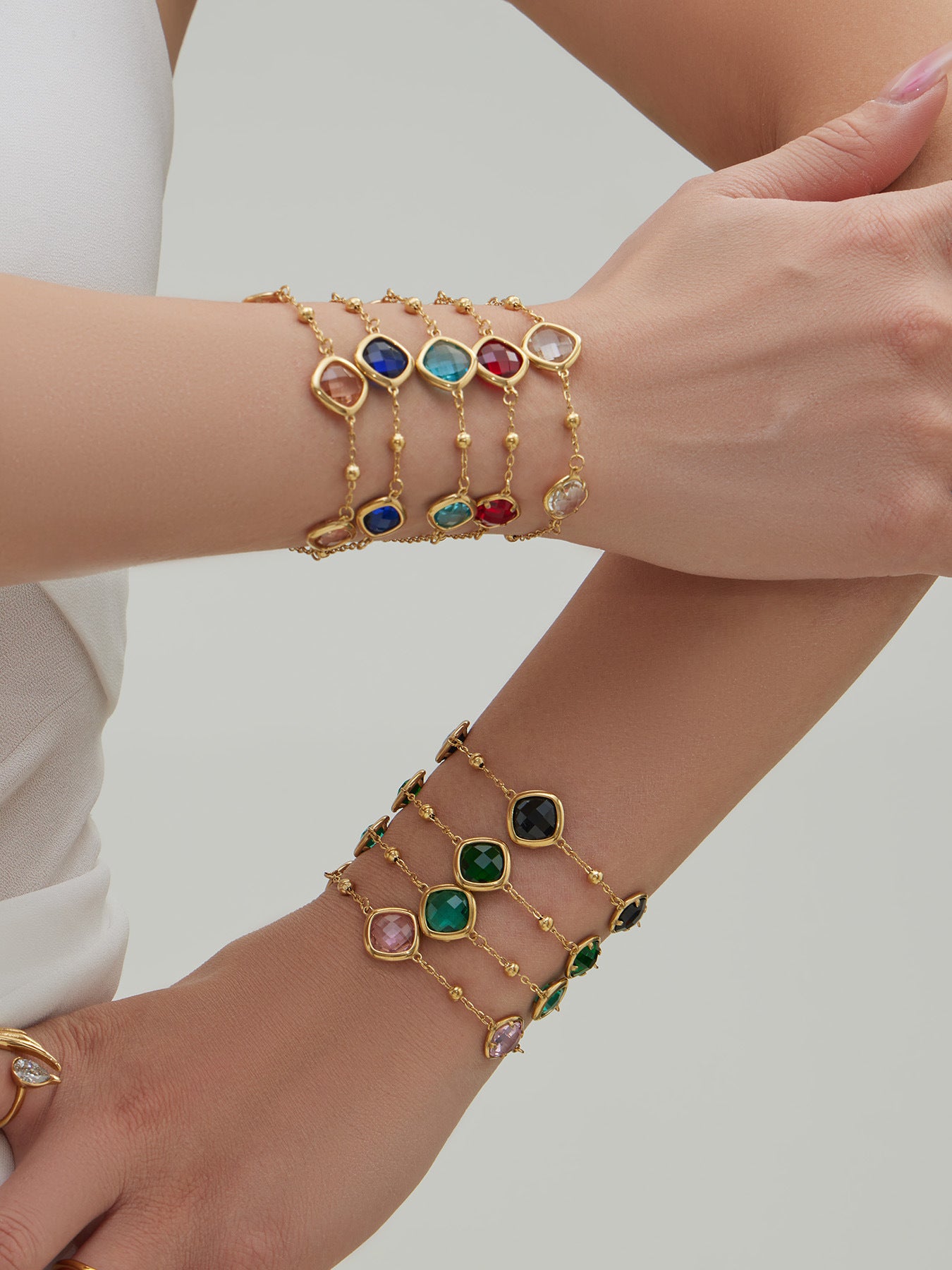 B廠【TXP517】不銹鋼方形切麵包邊玻璃石吊墜耳環項鍊手鍊珠寶首飾套裝鍍18k金
 25.12-2