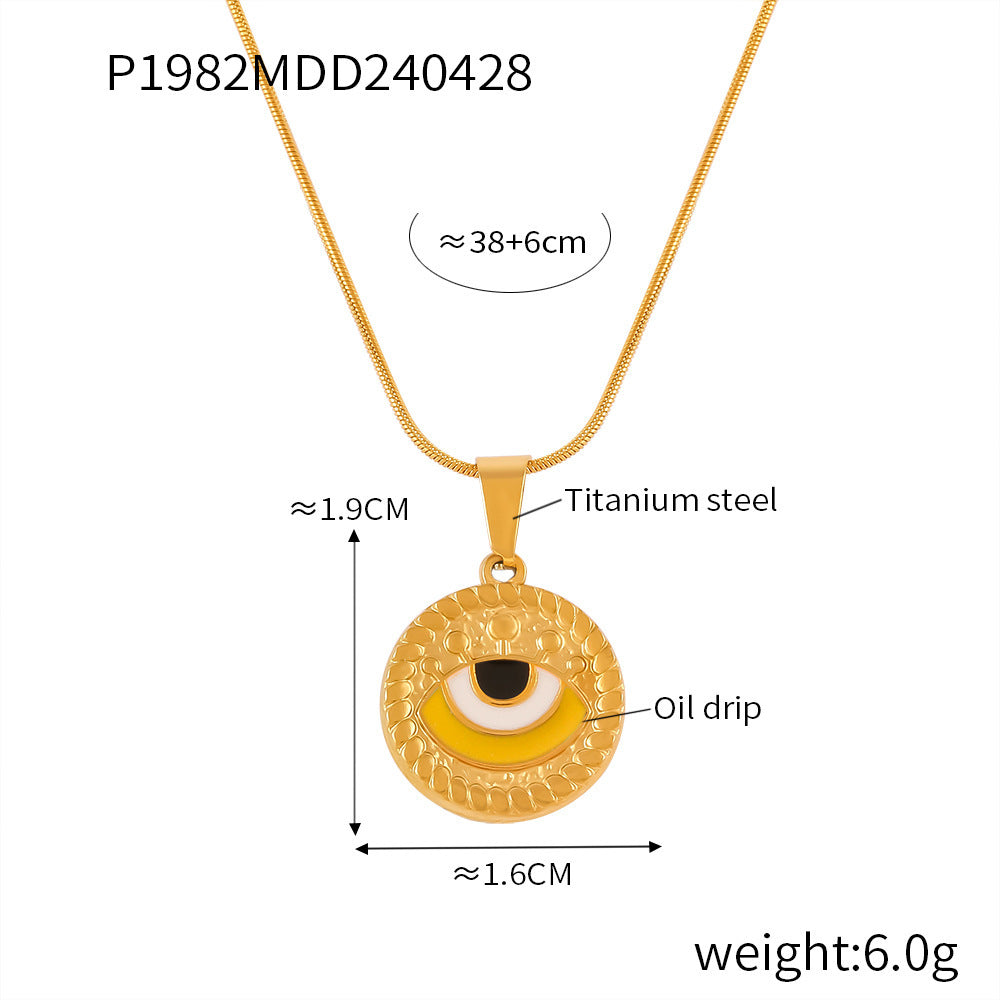 B廠【P1982】歐美時尚個性復古滴油眼睛鈦鋼項鍊女圓形設計惡魔之眼吊墜鎖骨鏈 24.05-1