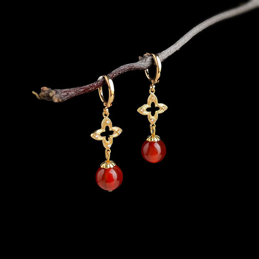 A廠【7263】高級感微鑲鋯石天然石紅瑪瑙文藝復古老花紋新款手工耳飾耳環
 25.12-4