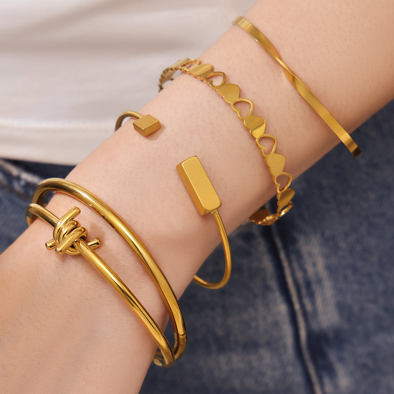 B廠【Z014】不鏽鋼心連心手鐲女簡約ins風鏤空設計幾何手環組合配件鍍18k真金
 26.01-1